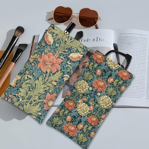 Eyeglasses Sunglasses Case PU Soft Squeeze Top Glasses Pouch for Women Men,Floral Pattern Portable Anti Scratch - color: Green