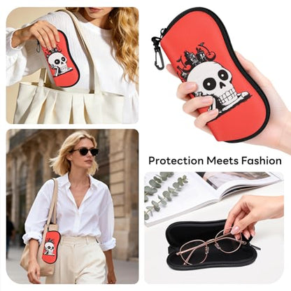 Sunglasses Case with Belt Clip, Ultra Light Neoprene Zipper Soft Padded Glasses Case for Women Men - color: Fun Skull