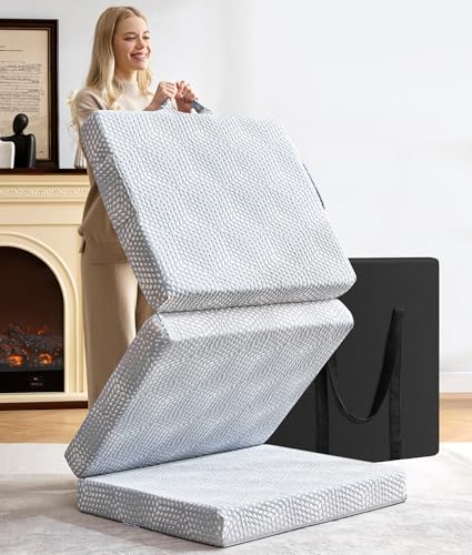 BDEUS Memory Foam Folding Topper 3.95 Inch Small Full Size with Protable Storage Bag, Trifold Topper Soft Guest Mat Floor Mat for Kids Camping Road Trip, Gray, 52 x 73 Inch - color: light gray, size: full