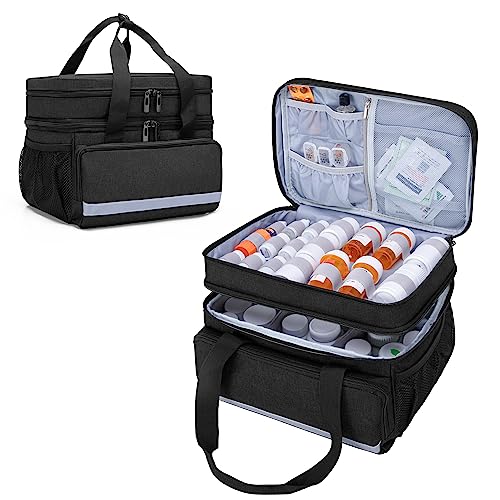 CURMIO Double Layers Pill Bottle Organizer Bag Empty, Medicine Organizer Storage Case with Lockable Zippers, Medication Travel Bag for Prescription Bottles, Medical Supplies, Black (Patent Design) - color: Black