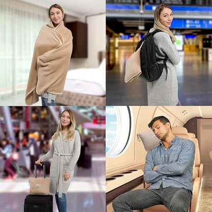 BlueHills Premium Soft Tall Travel Blanket Pillow for Airplane Traveling Essentials Long Flight Trip Throw in Bag case with Backpack Clip Compact Large Plane Accessories Beige T053 - color: Beige-long-t053