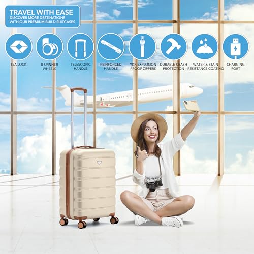 Flight Knight 22x18x10 Expandable Carry On Suitcase Hardside TSA Lock & USB C Port Lightweight Luggage Silent Double Spinner Wheels Maximum Spirit Overhead Carry-On Bag Airlines Approved Cream - color: Cream/Tan, size: 22x18x10"