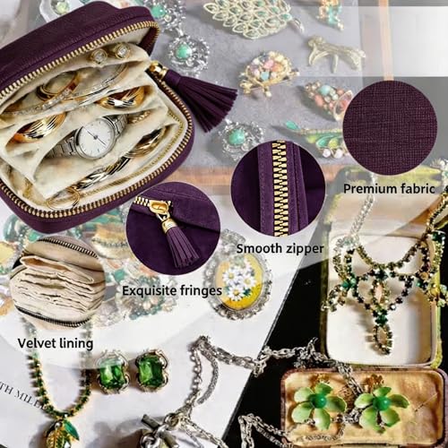 Small Travel Jewelry Case for Women, 6-Layer Velvet Organizer Pouch with Zipper, Anti-Scratch Portable Bag for Bracelets, Rings, Earrings & Necklaces (Purple) - color: Purple
