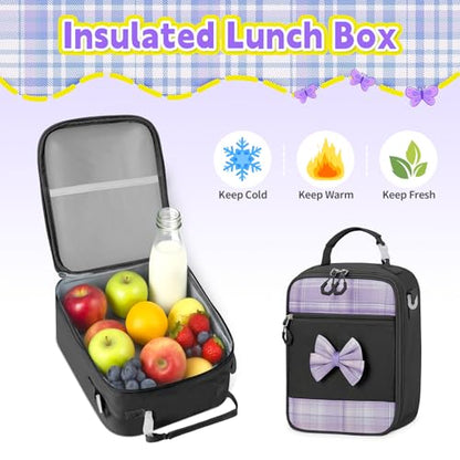 Girls Backpack with Lunch Box Set, 5pc Black Cute Kawaii Bookbag for Teens, Aesthetic School Backpack for Elementary - color: Black