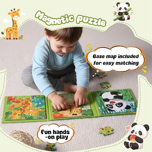 Magnetic Puzzles for Kids 3-5 Years, 3 in 1 Montessori Learning Toys with 9/16/25 PCS, Travel Activity for Toddlers Age 3-5, Preschool Puzzle Game with Animal Designs (Panda, Giraffe, Dinosaur) - color: Green