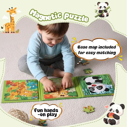 Magnetic Puzzles for Kids 3-5 Years, 3 in 1 Montessori Learning Toys with 9/16/25 PCS, Travel Activity for Toddlers Age 3-5, Preschool Puzzle Game with Animal Designs (Panda, Giraffe, Dinosaur) - color: Green