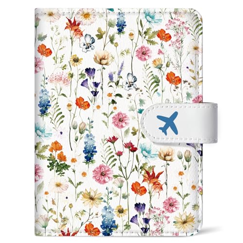 Passport Holder for Travel Essentials, RFID Blocking Leather Cover Wallet with Magnetic Closure, Aesthetic & Cute Passport Book Case for Women and Men - Wildflower - color: A.Wildflower