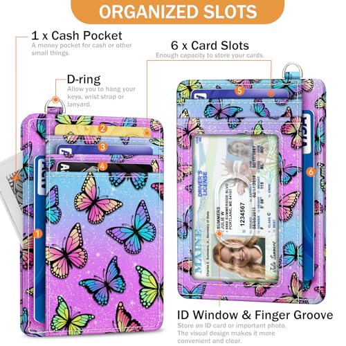 Yonlevres Credit Card Holder Slim Wallet, Butterfly RFID Wallet Women Front Pocket Small Card Holder, Travel Cute Funny Thin Card Case ID Window PU Leather RFID Blocking Card Organizer Gifts Girls - color: Butterfly