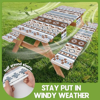 Fitted Picnic Table Cover with Bench Covers Fitted Rectangle Table Cloth Tablecloth Camping Gear Essentials Rv Accessories Road Trip Supplies Car Travel Must Have 6 Ft Foot Feet 72in Boho Bohemian - color: Blue Brown Boho, size: 72in