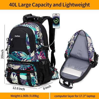 Nerlion 40L Hiking Backpack Travel Backpack for Men Women Camping Waterproof Outdoor Hiking Daypack Lightweight Backpack (Blue Leaves) - color: A6- Blue Leaves