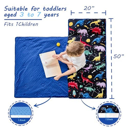 Lasoftan Toddler Nap Mat with Pillow and Blanket, Extra Large Rolled Napping Mats,Slumber Bags for Boys Girls,Kids Sleeping Bag for Daycare, Preschool Travel Camping - color: Space Dinosaur