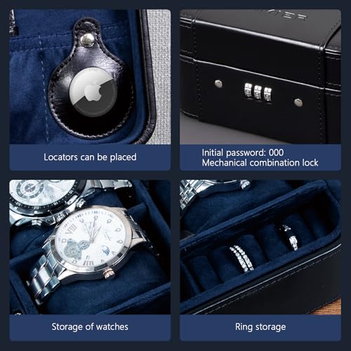 KAMIER Watch Case with Combination Lock - 4 Watch Storage and Jewelry Organizer - Watch Travel Case for Ring and Watch Storage, PU Leather Travel Watch Case, Ideal for Gift (With Gift Box),Black - color: Black
