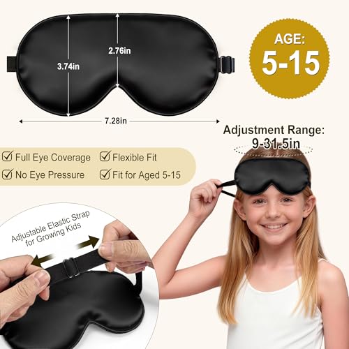 Kids Sleep Mask, Kids Eye Mask for Boys Girls, Kid Silk Eye Masks with Adjustable Strap for Sleeping, 100% Light-Blocking Sleep Eye Cover, Includes Protective Laundry Bag (Black) - color: Black