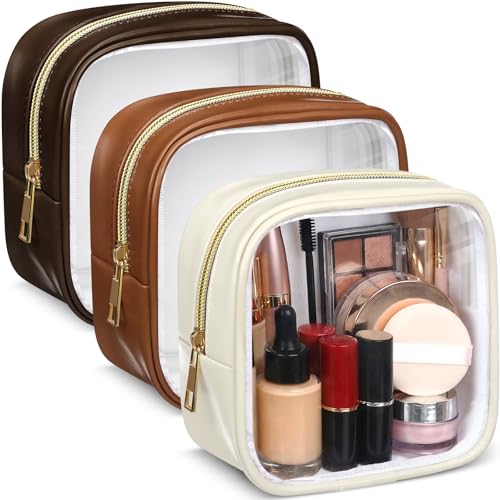 Abbylike 3 Pcs Mini Clear Makeup Bag Cosmetic Bags Set Waterproof Transparent Toiletry Bag with Zipper for Women Girls, Gifts for Bridesmaid(Caramel Brown,Whiskey Brown,Ivory White) - color: Caramel Brown,Whiskey Brown,Ivory White