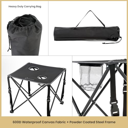 ARROWHEAD OUTDOOR 26” (66cm) Portable Camping Folding Table, 2 Cup Holders, Square, Carrying Case, Steel Frame, High-Grade 600D Canvas - color: Black