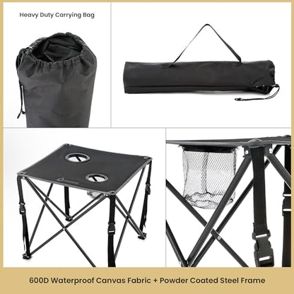 ARROWHEAD OUTDOOR 26” (66cm) Portable Camping Folding Table, 2 Cup Holders, Square, Carrying Case, Steel Frame, High-Grade 600D Canvas - color: Black