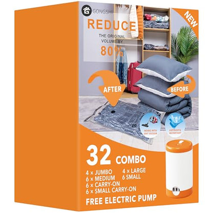 GONGSHI Vacuum Seal Bags for Clothing Travel & Home Storage, Travel Vacuum Bags with Electric Pump,Space Saver for Blankets, Comforters, Pillows, Clothes,32 Combo