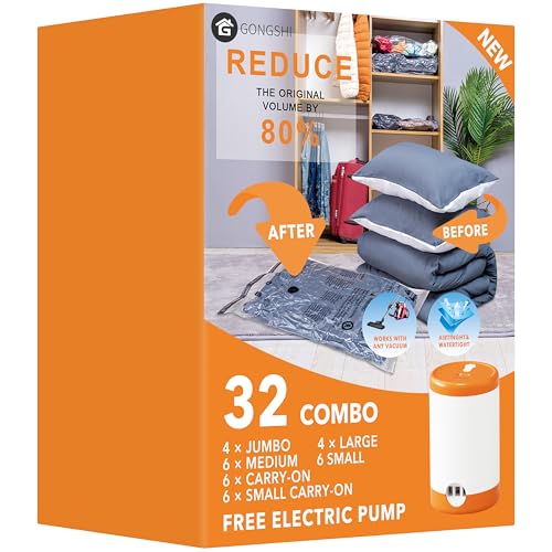 GONGSHI Vacuum Seal Bags for Clothing Travel & Home Storage, Travel Vacuum Bags with Electric Pump,Space Saver for Blankets, Comforters, Pillows, Clothes,32 Combo