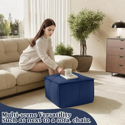 MeMoreCool Stuffed Round Pouf Ottoman Foot Rest, Floor Pouf Foot Stool with Soft Foam Chunk Filling, Small Round Ottoman Footstool Circle Footrest for Living Room - color: Piping Navy
