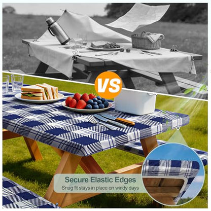 Picnic Table Cover with Bench Covers Camping Essentials Waterproof Windproof Camping Tablecloth with Drawstring Bag, Fitted Rectangle Tables and Seats, 72in, Blue Checkered - color: Blue Checkered, size: 72in