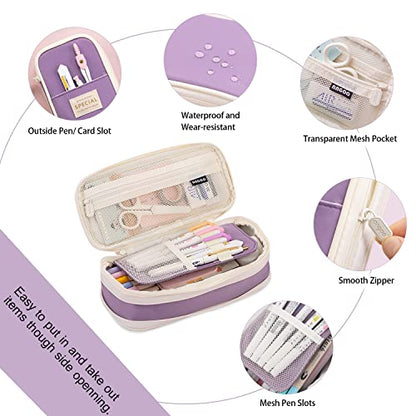 MAMUNU Expandable Pencil case with compartments, Large Capacity Pencil Cases Pencil Bag Pouch Adults, Portable Pencil Case Large School Stationery Organizer, Makeup Cosmetic Bag, Purple - color: Purple