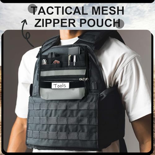 Aliceset Multi Pocket Organizer Tactical Mesh Zipper Pouch with EDC Organizer Panel MOLLE Insert Admin Pouch with ID Patch for Backpack, Bag Organization, Hook and Loop Attachment，8.7 x 8.7 Inches