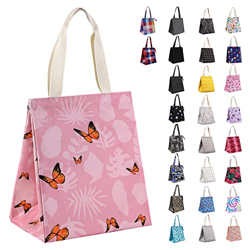 iknoe Insulated Lunch Bag for Women, 9L Sturdy Wide-Open Foldable & Portable Lunch Tote with Interior Pockets, Water-resistant Thermal Lunch Cooler for Adults Picnic Beach-Pink Butterfly - color: Pink Butterflies, size: Velcro Closure