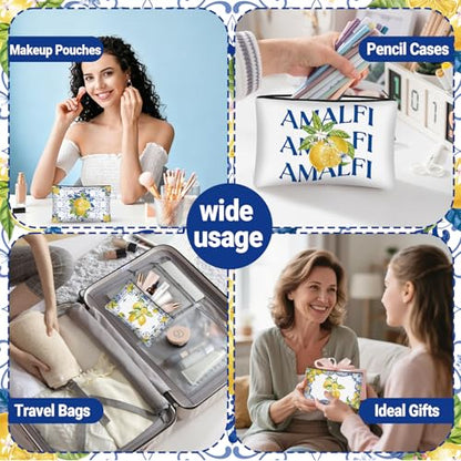 30 Pcs Amalfi Coast Makeup Bags Romantic Lemon Canvas Cosmetic Zipper Pouches with Blue Yellow Makeup Bag Bulk Canvas Cosmetic Travel Toiletry Pouch for Women Bachelorette Birthday Gifts - style: Lemon Porcelain