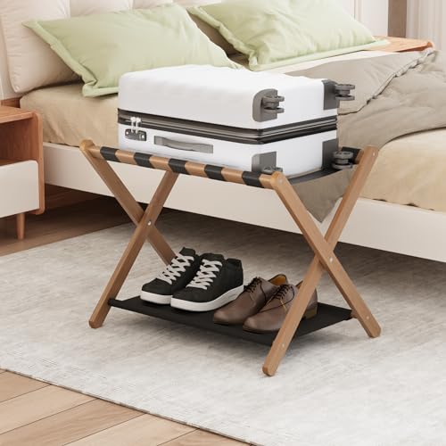 Smuxee Walnut Bamboo Luggage Rack for Guest Room, Foldable Suitcase Stand with Storage Shelf, Easily Assembled Luggage Stand with 5 Nylon Straps for Guest Room Bedroom Hotel - color: Walnut 1PCS
