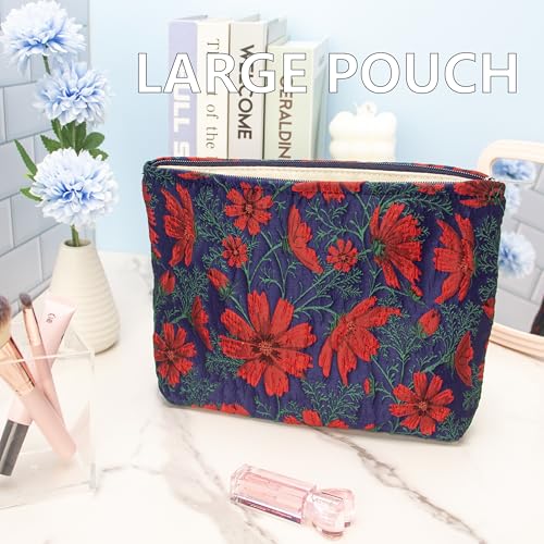 PAZIMIIK Makeup Bag Large Cotton Zipper Pouch for Purse Travel Canvas Make Up Organizer for Women Cosmetic,Brocade Navy Blue - color: Brocade Navy Blue