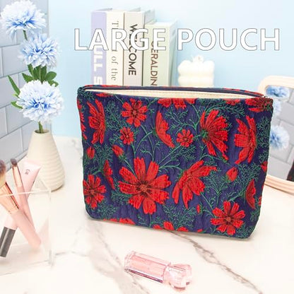 PAZIMIIK Makeup Bag Large Cotton Zipper Pouch for Purse Travel Canvas Make Up Organizer for Women Cosmetic,Brocade Navy Blue - color: Brocade Navy Blue