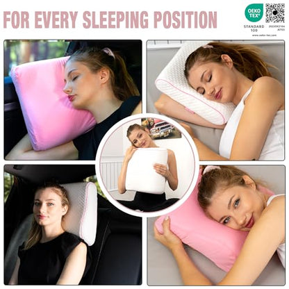 alkamto Travel & Camping Comfortable Memory Foam Pillow – Easy to Carry Portable Bag – Temperature Regulating Pillow Case (Pink Contour + Extra Cover) - size: Pink Contour Travel + Extra Cover