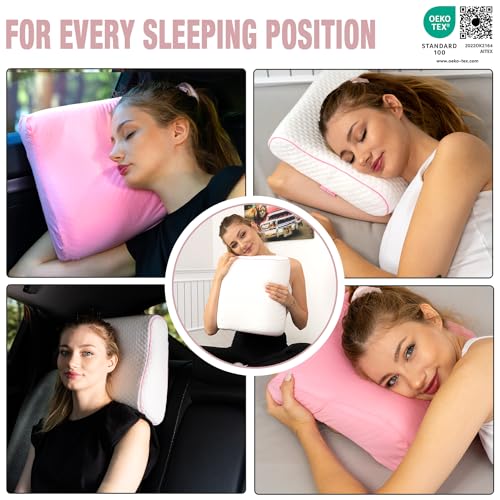 alkamto Travel & Camping Comfortable Memory Foam Pillow – Easy to Carry Portable Bag – Temperature Regulating Pillow Case (Pink Contour + Extra Cover) - size: Pink Contour Travel + Extra Cover