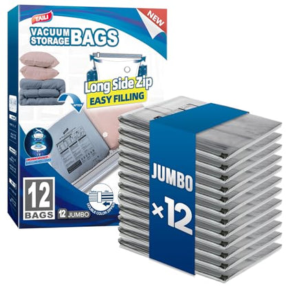 TAILI 12 Pack Vacuum Storage Bags, LONG SIDE ZIP (39x28 inch) Vacuum Seal Bags for Clothing, Jumbo Storage Space Saver for Beddings, Comforters, Blanket, Pillows and Clothes - size: 12 Jumbo