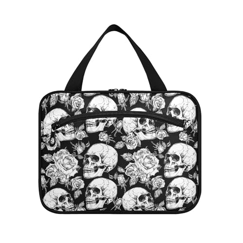 MNSRUU Hanging Toiletry Bags for Women Travel, Gothic Skulls and Flowers Toiletry Organizer Portable Travel Clear Wash Makeup Cosmetic Bag - color: Skull A10809