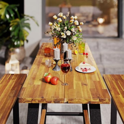 Giantex 4.5FT Picnic Table Bench Set for 4, Acacia Wood Outdoor Dining Table Set, 2" Umbrella Hole, Heavy Duty Metal Frame, Footrest Bar, Large Rectangular Tabletop for Porch Patio Lawn Garden - size: 54"×49.5"×39.5"