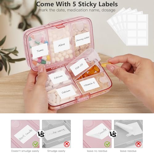FYY Weekly Pill Organizer with Labels,8 Compartments Travel Daily Pill Case Airtight Moistureproof Large Pill Box to Hold Vitamins, Fish Oil, Supplements,Cotton Swab and Bandages-Pink - color: Pink