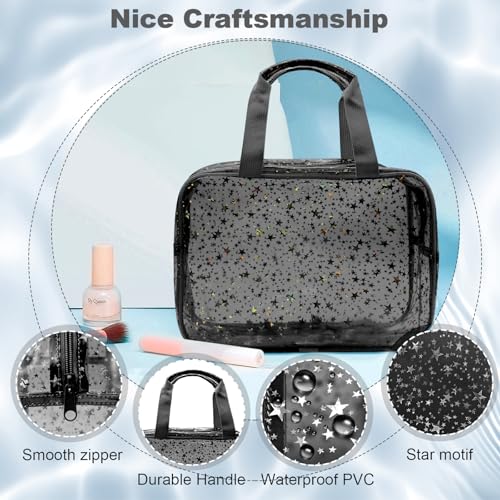 Clear Black Star Large Makeup Bag with Star Pattern 12x5x8 inch, Travel Cosmetic Bag with Handle, Durable PVC Material Washbag Zipper Opening Design for Makeup Travel Organizer or Gym Use - color: Black, style: Star