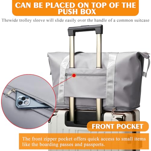 INVODA Travel Bag for Women Expandable Duffel Bag Tote Weekender Overnight Carry on Sports Gym Bags Waterproof Foldable Duffel Tote (Grey)