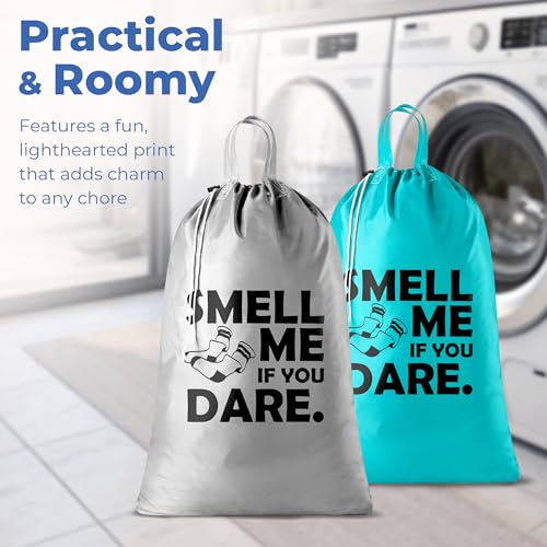 Extra Large Travel Laundry Bag - 2-Pack Fun Print Design Bags for Dirty Clothes - Durable Water-Resistant Fabric - Sturdy Drawstring Closure (Teal-Grey | Smell Me If You Dare) - color: Teal-grey | Smell Me