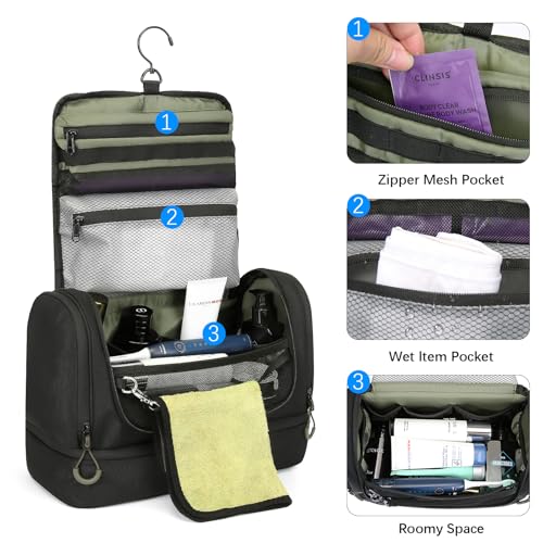 TANGCORLE Toiletry Bag for Men, Handing Travel Toiletry Organizer Protable Water Ressistant Bathroom Shaving Bags for Toiletry Accessories, Travel Essentials, Black(Empty Bag)