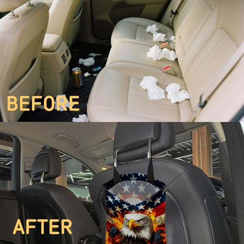Bald Eagle with American Flag Car Garbage Bag, Small Car Trash Bag Hanging Back of Seat,Drawstring Car Trash Bag with Adjustable Buckle,Car Accessories for Camping Travelling - color: Bald Eagle with American Flag