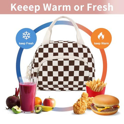 Lunch Bag Women Lunch Box for Women Adult Cute Insulated Lunch Bag Small Cooler Lunch Tote Bags for Work Picnic School (Coffee-White Plaid) - color: Coffee-White Plaid
