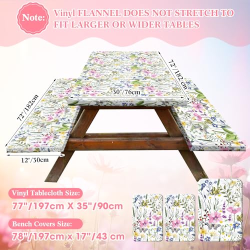 Boao 3 Pcs Vinyl Picnic Table Cover with Bench Cover 6 ft 30 x 72 Inch Waterproof Fitted Tablecloth Flannel Backing Rectangular Elastic Edged for Camping Outdoor Patio Travel(Wildflower) - color: Wildflower