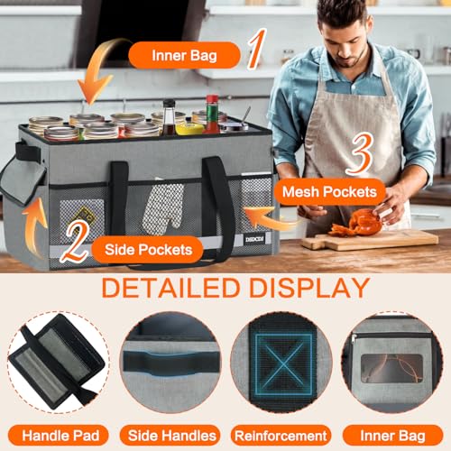 Upgrade Extra Large Utility Tote Bag with Reflective Strip, Standing Reusable Grocery Bags with Hard Bottom & 4 Sided Reinforced, Collapsible Utility Tote with Handles for Beach, Picnics, Car - color: Grey