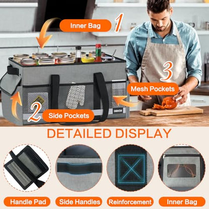 Upgrade Extra Large Utility Tote Bag with Reflective Strip, Standing Reusable Grocery Bags with Hard Bottom & 4 Sided Reinforced, Collapsible Utility Tote with Handles for Beach, Picnics, Car - color: Grey