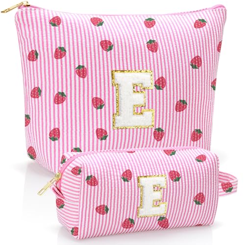 Personalized Initial Makeup Bag,Strawberry Print Preppy Cosmetic Toiletry Travel Bag,Trendy Letter Makeup Pouch for Teen Girls and Women,Holiday & Birthday Gift,2 Pack (E, Pink Strawberry) - style: E