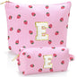 Personalized Initial Makeup Bag,Strawberry Print Preppy Cosmetic Toiletry Travel Bag,Trendy Letter Makeup Pouch for Teen Girls and Women,Holiday & Birthday Gift,2 Pack (E, Pink Strawberry) - style: E
