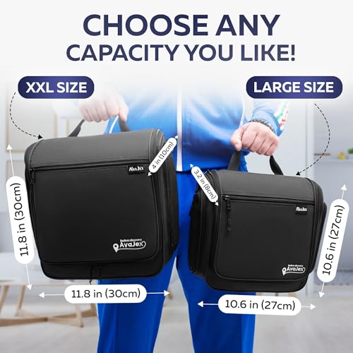 Extra Large (11.8”x11.8”x4”) Hanging Travel Toiletry Bag for Men and Women - Cosmetic Travel Bag With Shoulder Strap - Waterproof Hygiene Bag with Metal Swivel Hook and 19 Compartments for Toiletries - color: XXL Jet Black