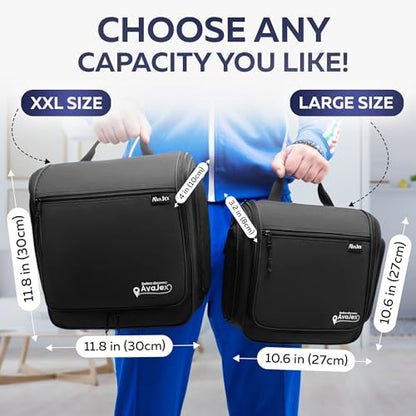 Extra Large (11.8”x11.8”x4”) Hanging Travel Toiletry Bag for Men and Women - Cosmetic Travel Bag With Shoulder Strap - Waterproof Hygiene Bag with Metal Swivel Hook and 19 Compartments for Toiletries - color: XXL Jet Black